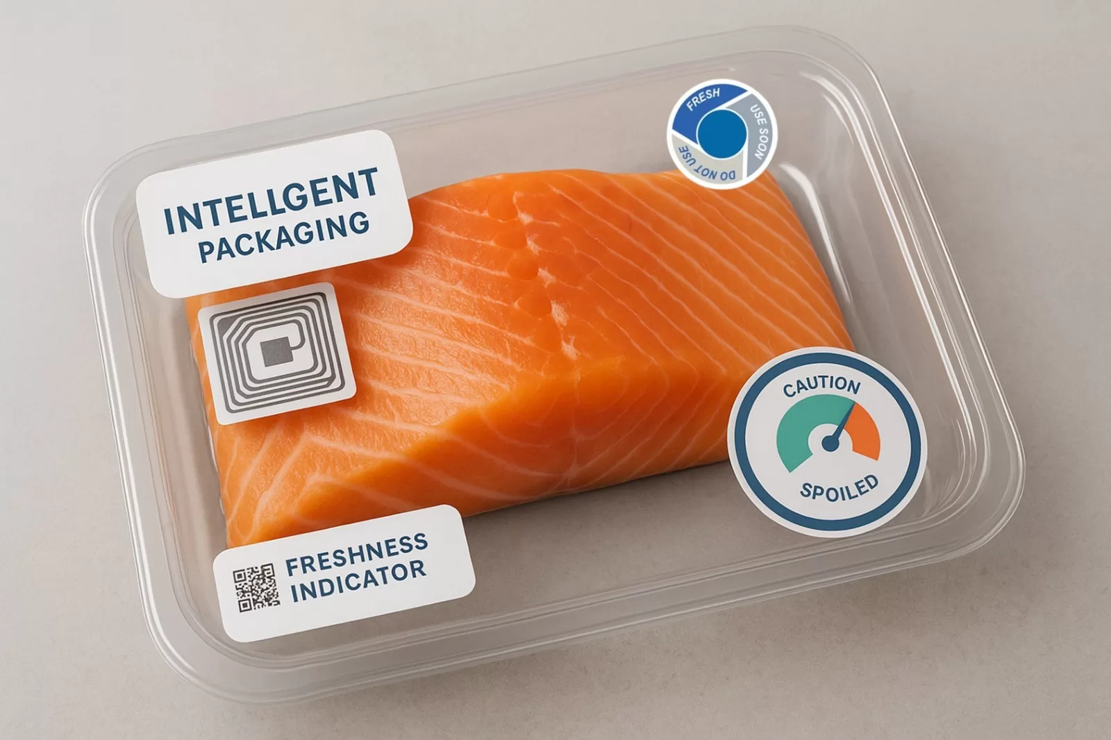 Filé de salmão em bandeja com etiquetas RFID e indicador de frescor, conceito de embalagem inteligente.