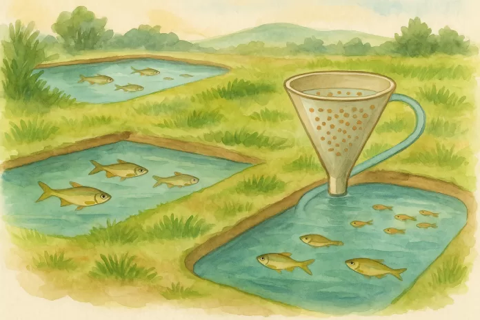 Ilustração em aquarela de um sistema de reprodução semi-natural de lambaris, com viveiros escavados ao ar livre, peixes adultos, larvas, e um funil de incubação interligado.