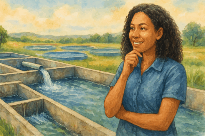 Mulher brasileira observando sistema de tratamento de água em fazenda de aquicultura, com tanques e paisagem ao fundo, em estilo aquarela.