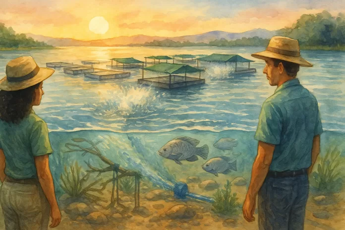 Tilapicultura em lago brasileiro ao pôr do sol, com tanques-rede em 16:9, aeradores de pás criando corrente, áreas sombreadas por sombrites e corte subaquático mostrando tilápias nadando entre cascalho, plantas e estruturas de enriquecimento; dois técnicos brasileiros observam o manejo, em aquarela.