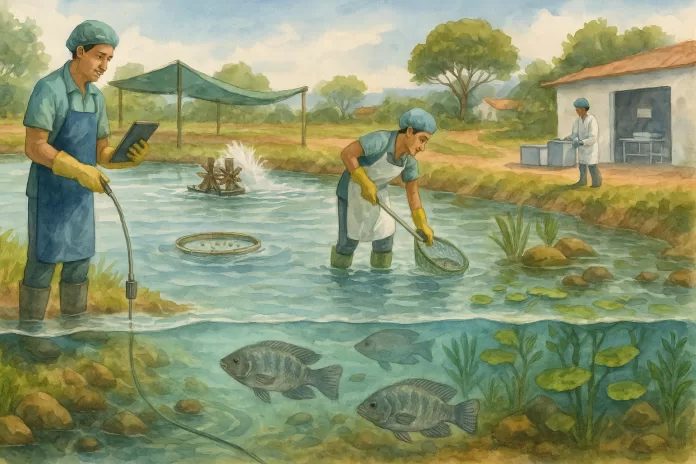 Aquarela em paisagem de uma piscicultura brasileira com tanques aerados, trabalhadores monitorando a água e manuseando tilápias com cuidado, corte subaquático mostrando peixes nadando calmamente entre plantas e estruturas de enriquecimento.