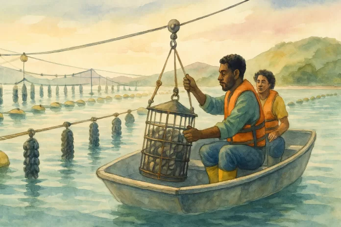 Fazenda marinha brasileira de bivalves em aquarela, com longlines de boias e lanternas de ostras suspensas; dois maricultores em um barco inspecionam um cesto de cultivo ao amanhecer, com morros verdes ao fundo.