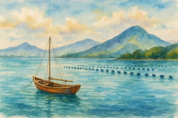 Ilustração em aquarela de um barco de madeira ancorado em mar calmo, próximo a fileiras de boias de cultivo de moluscos, com montanhas ao fundo.