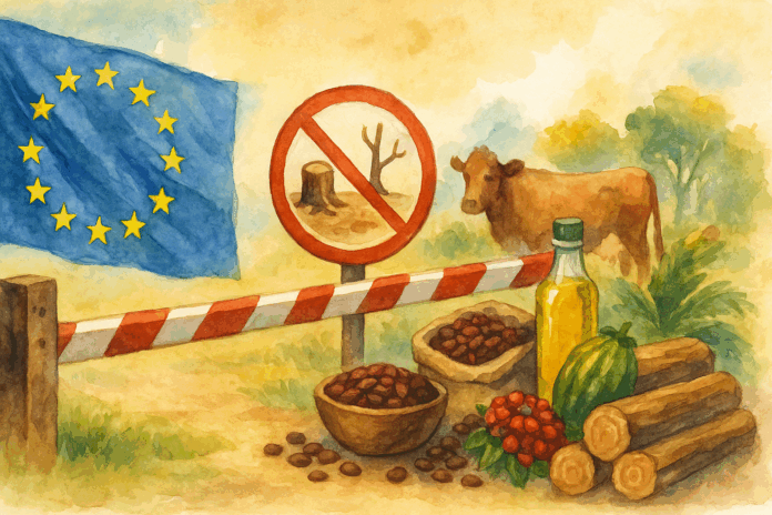 Ilustração em aquarela mostrando commodities como soja, cacau, café, óleo de palma, madeira e gado diante de uma barreira com bandeira da União Europeia e placa contra desmatamento.
