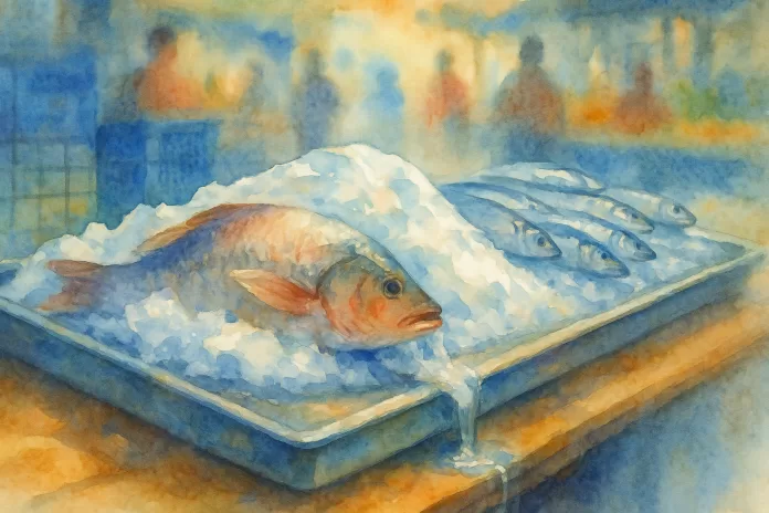 Balcão de mercado de pescado no Brasil, peixes inteiros sobre gelo em aquarela, camada de gelo derretendo e água escorrendo.