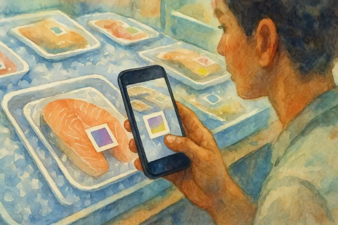 Pessoa fotografa com smartphone um selo colorimétrico em bandeja de filé de peixe sobre gelo, sugerindo indicador halocrômico de pH, em aquarela horizontal.