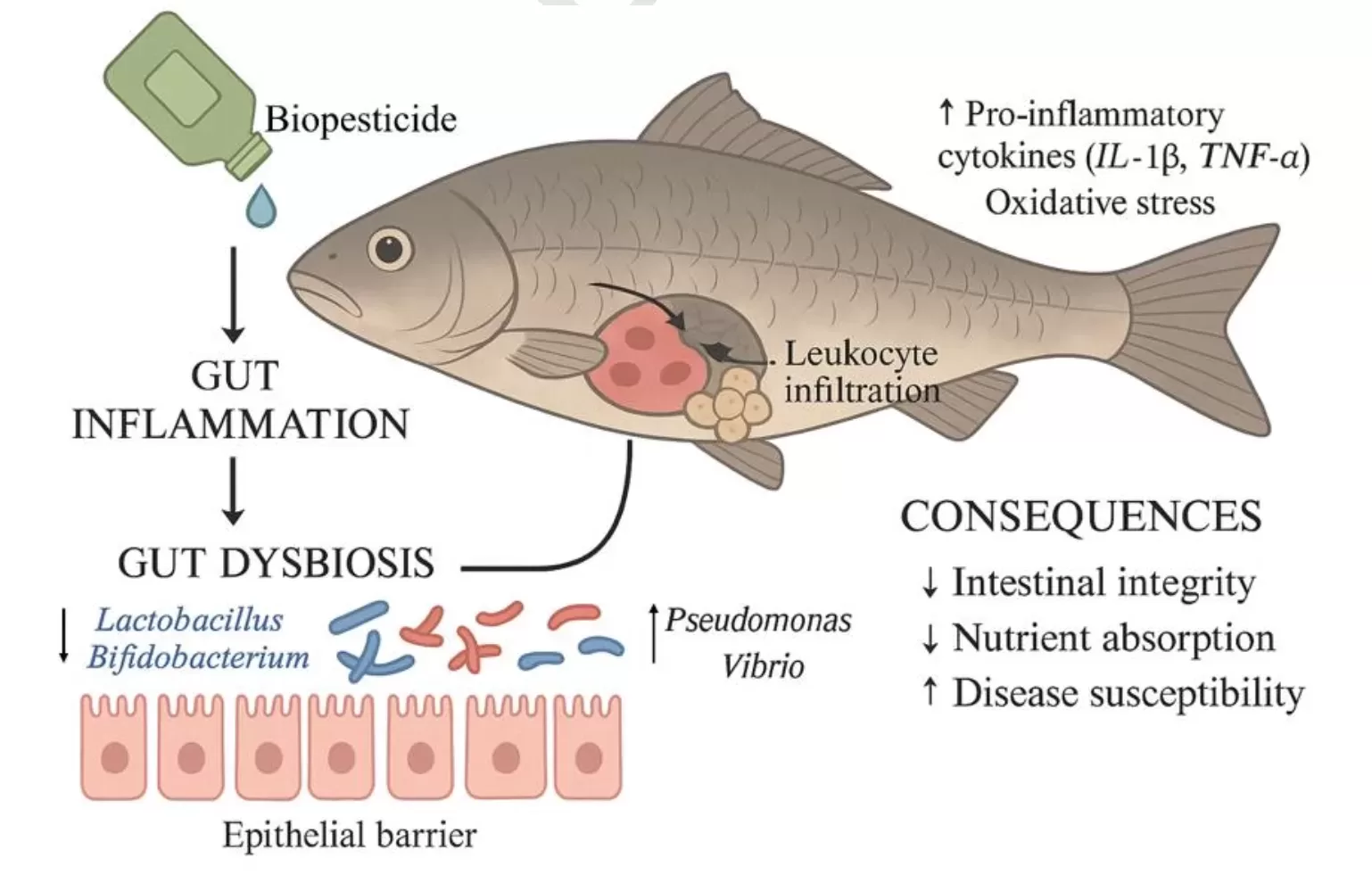 Infográfico mostrando inflamação intestinal em peixes causada por biopesticidas e suas consequências na saúde