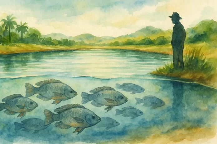 Ilustração em aquarela de lago com cardume de tilápias e pessoa na margem; tema de bem-estar animal na tilapicultura.