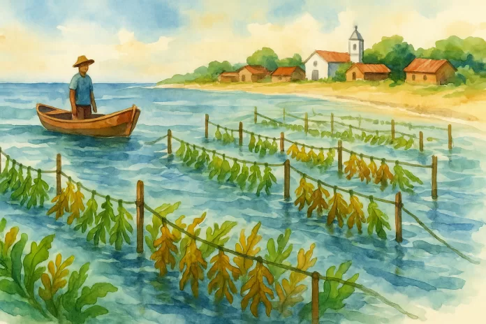 Ilustração em aquarela de um agricultor em barco observando cultivo de algas marinhas em frente a uma vila costeira com casas e igreja ao fundo.