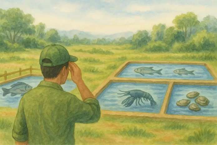 Produtor observa tanques de piscicultura com peixes, camarões e moluscos em área rural