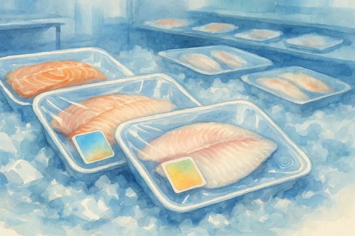 Bandejas de filés de peixe sobre gelo em câmara fria, com pequenos selos coloridos sugerindo embalagem inteligente e monitoramento de frescor, em aquarela horizontal.