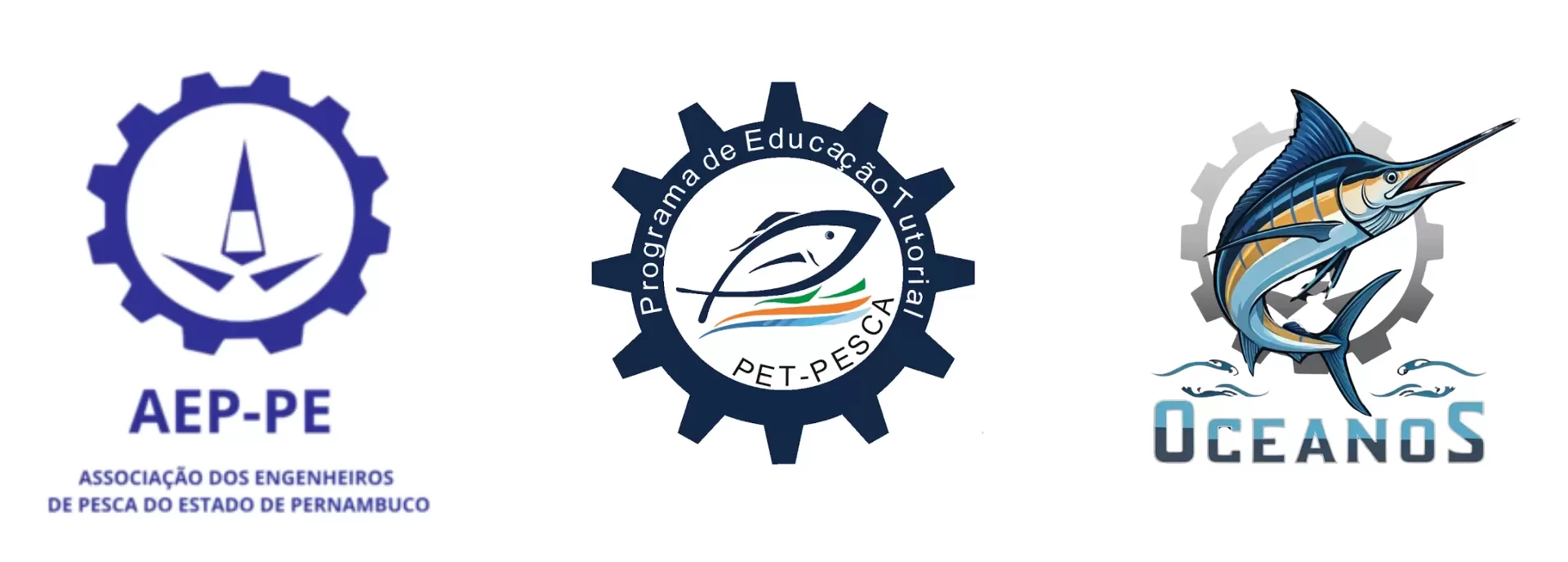 Logotipos da AEP-PE, PET-Pesca e Diretório Acadêmico Oceanos lado a lado