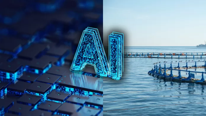 Imagem composta mostrando inteligência artificial e aquicultura em mar aberto