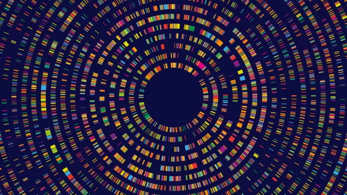 Ilustração abstrata de genoma em padrão circular com barras coloridas representando marcadores de DNA