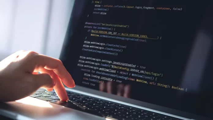 Programador digitando em notebook com código de gêmeo digital para aquicultura
