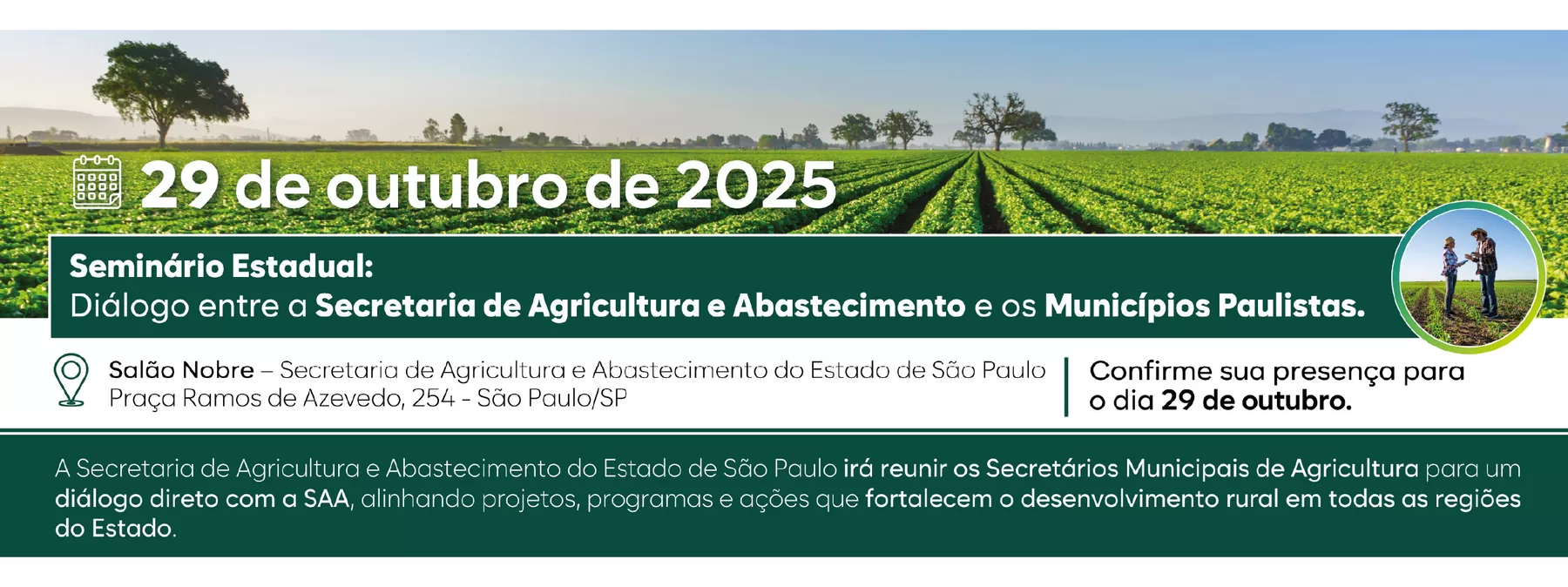 Banner do Seminário Estadual da SAA com data 29 de outubro de 2025 e chamada ao diálogo com municípios paulistas