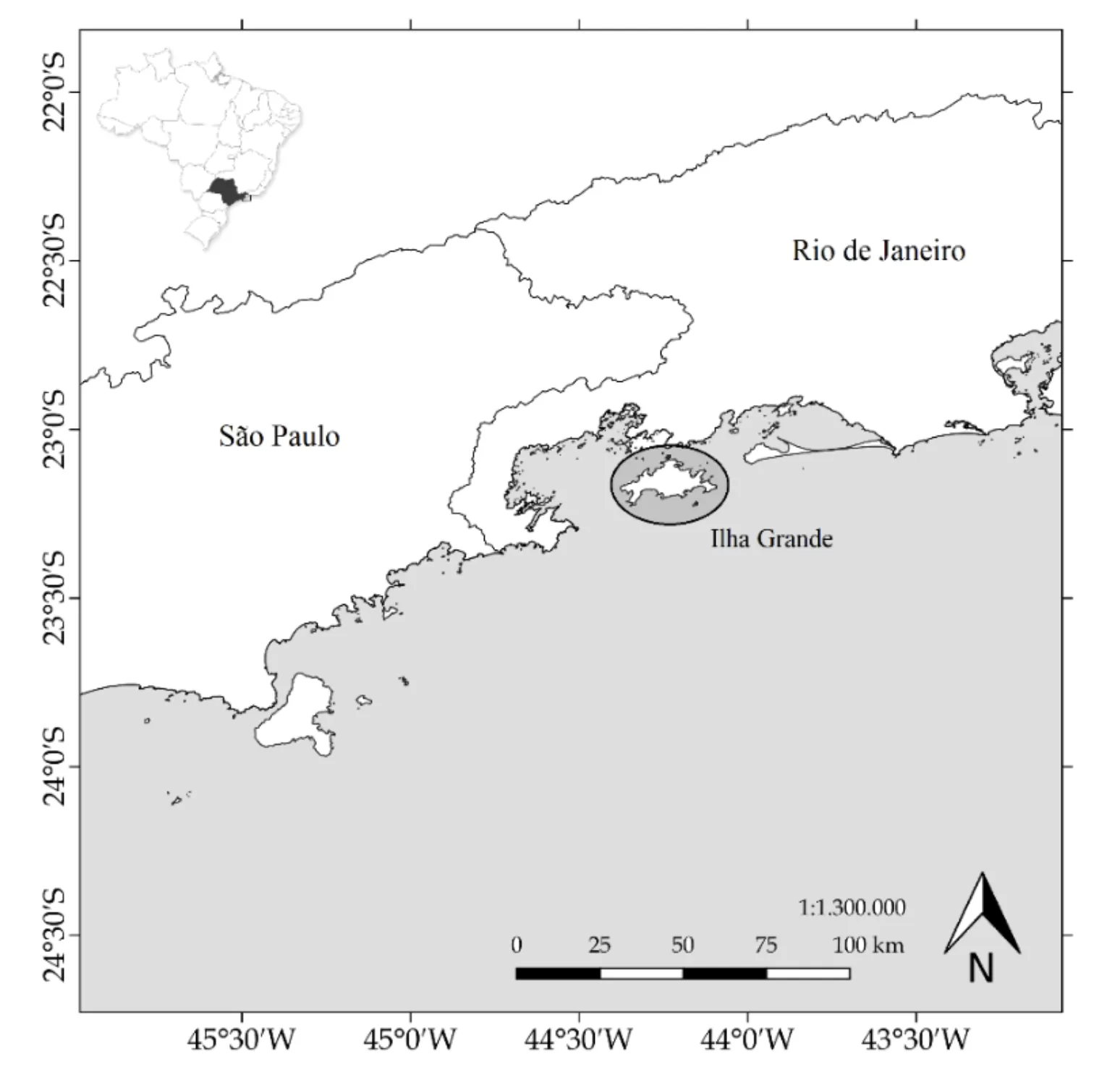 Mapa da localização da Ilha Grande na costa sudeste do Brasil entre Rio de Janeiro e São Paulo.