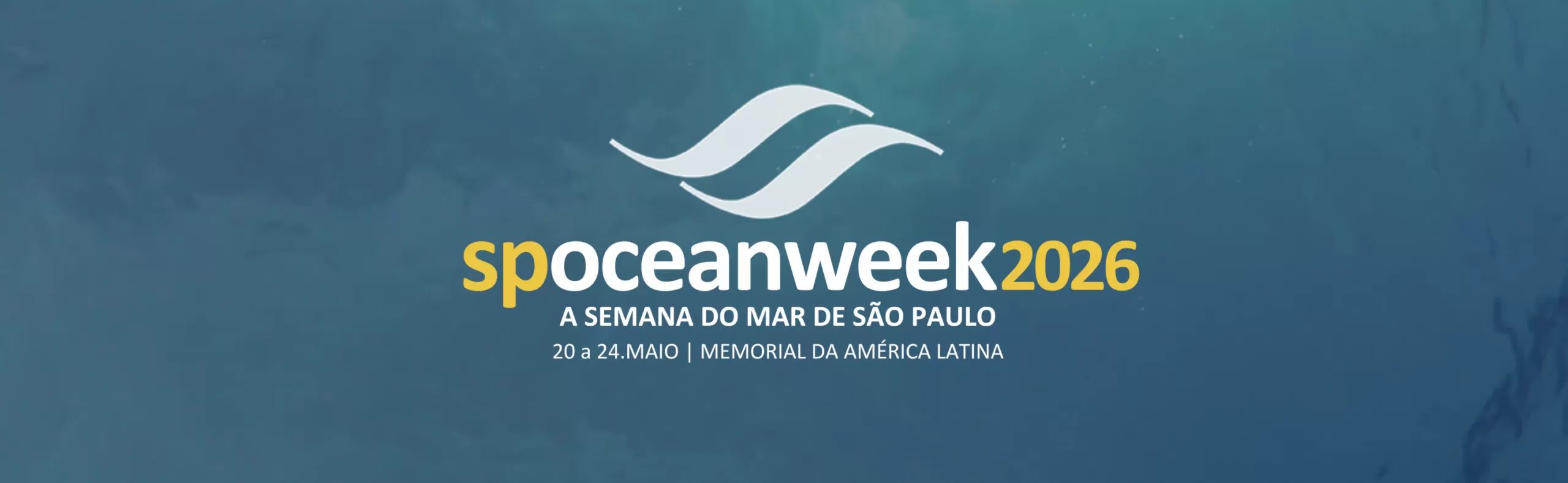 Banner oficial da SP Ocean Week 2026 com logo branco sobre fundo azul, datas 20 a 24 de maio e local Memorial da América Latina.