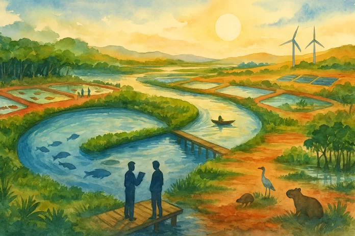 Paisagem de aquicultura sustentável com rios, tanques, energia eólica e solar em harmonia com a natureza
