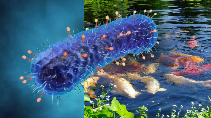 Ilustração de bacteriófagos atacando uma bactéria em close; ao fundo, carpas koi (Cyprinus carpio) em lago. Conceito: fago HP-yong3 controla Hafnia paralvei na aquicultura.
