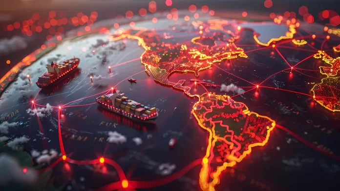 Mapa global com rotas marítimas e navios cargueiros representando o comércio internacional da piscicultura brasileira.