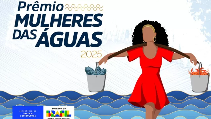 Ilustração do Prêmio Mulheres das Águas 2025, com mulher carregando baldes sobre ondas azuis