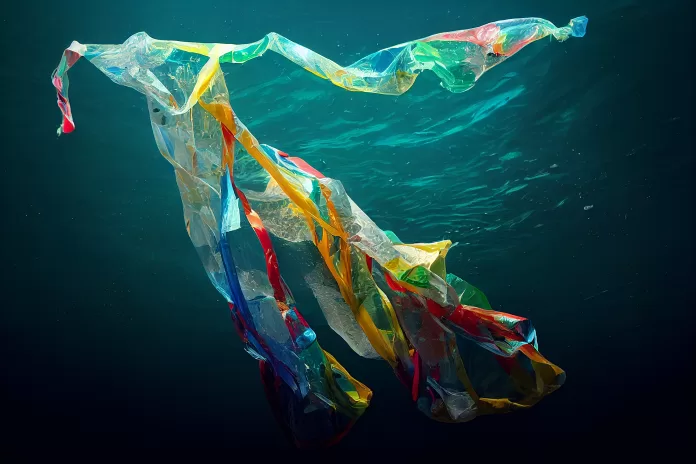 Saco plástico colorido flutuando no oceano, simbolizando a poluição marinha por resíduos plásticos.
