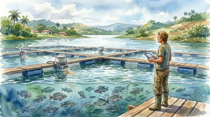 Ilustração em aquarela representando a gestão da piscicultura com uso de tecnologia, mostrando um produtor com tablet e alimentadores automáticos em tanques-rede de tilápias.