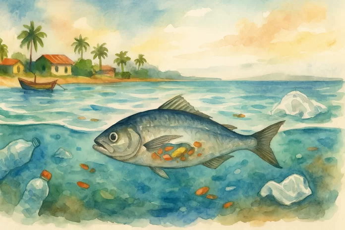 Ilustração de um peixe nadando em água poluída com plásticos próximos à costa.