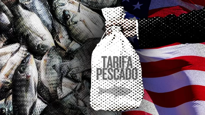 Montagem com peixes, bandeira dos Estados Unidos e um saco com o texto “Tarifa Pescado”, ilustrando a manutenção da tarifa de importação sobre o pescado brasileiro pelos EUA.
