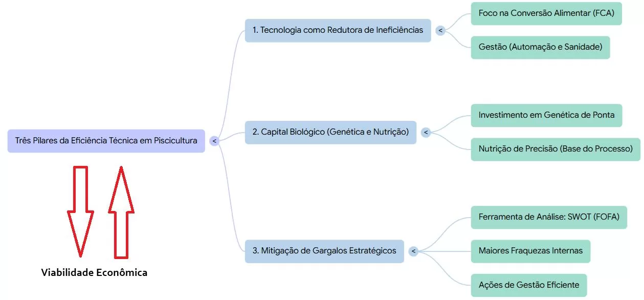Fluxograma dos três pilares da eficiência técnica na piscicultura: Tecnologia, Capital Biológico e Mitigação de Gargalos, levando à viabilidade econômica.