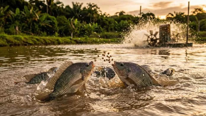 Duas tilápias saltando para comer ração na superfície da água em viveiro