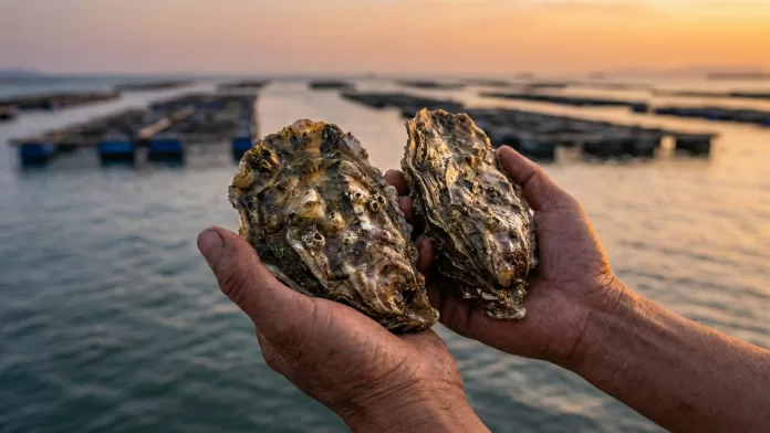 Mãos segurando duas ostras-do-Pacífico Crassostrea gigas com balsas de maricultura ao fundo durante o pôr do sol.