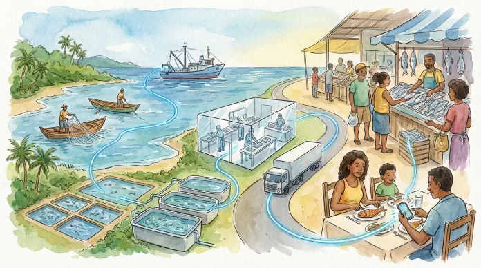 Ilustração aquarela mostrando o trajeto do pescado desde a pesca e cultivo, passando pelo processamento e transporte, até a verificação digital pelo consumidor na mesa.