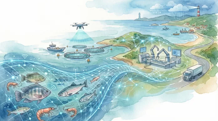 Ilustração da cadeia produtiva do pescado integrada por inteligência artificial, mostrando drones sobre tanques-rede, redes digitais conectando espécies como tilápia e salmão, robôs de processamento e transporte logístico.