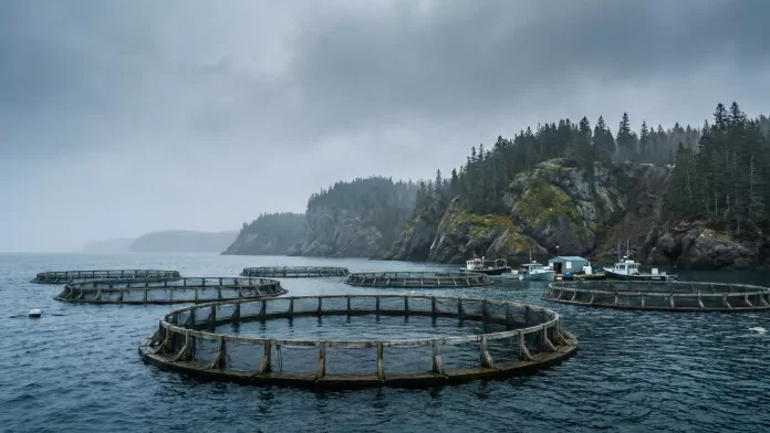 Estruturas circulares de aquicultura marinha flutuando em águas costeiras cercadas por florestas e falésias sob céu nublado.