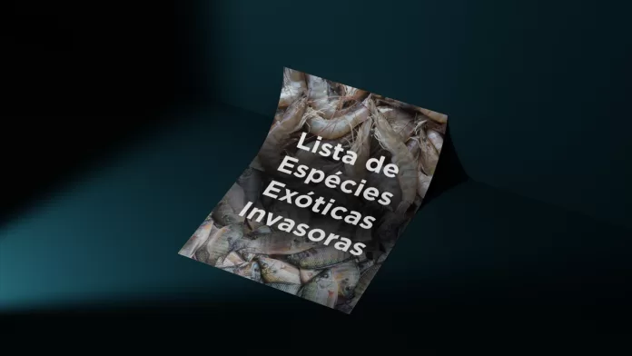 Mockup representando um panfleto fictício intitulado “Lista de Espécies Exóticas Invasoras”