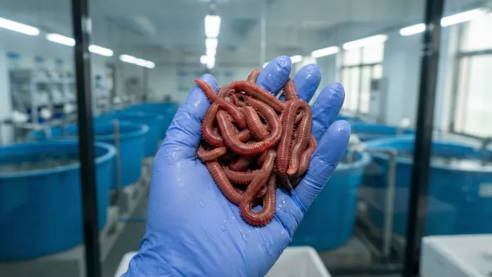 Mão enluvada segurando um aglomerado de poliquetas Marphysa maxidenticulata em laboratório de carcinicultura.