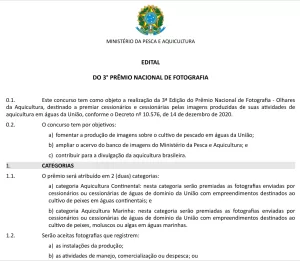 Edital do 3º Prêmio Nacional de Fotografia Olhares da Aquicultura do MPA