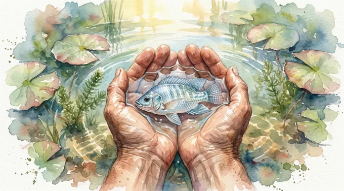 Mãos segurando peixe em água simbolizando saúde dos peixes e manejo aquícola