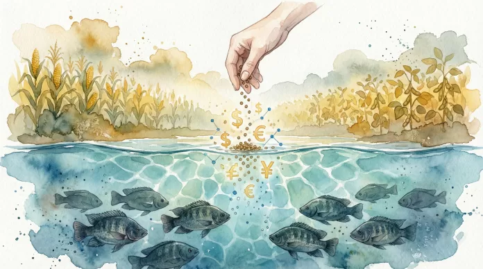 Ilustração artística em aquarela mostrando tilápias na água e uma mão lançando ração que se mistura a símbolos de moedas, destacando os custos econômicos.