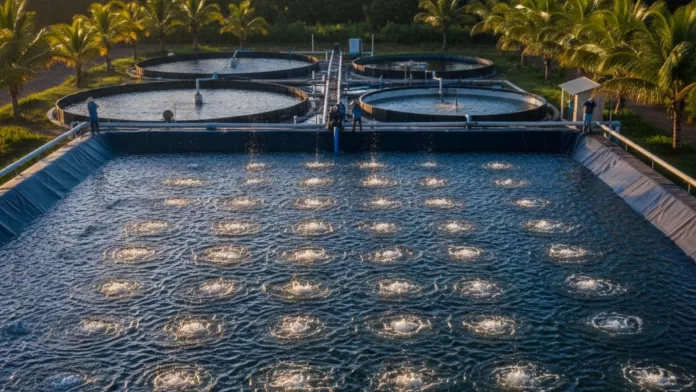 Vista aérea de tanques de carcinicultura redondos e retangulares com sistemas de aeração ativos sob a luz do pôr do sol.