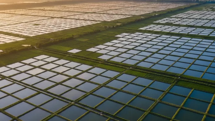 Vista aérea de uma vasta rede de tanques retangulares de aquicultura integrados a áreas verdes na planície de Jianghan, China, sob a luz do pôr do sol.