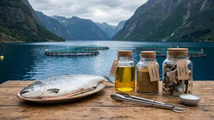 Salmão inteiro em um prato ao lado de potes de vidro contendo óleo de peixe, farinha de peixe e restos de espinhas, com tanques de aquicultura ao fundo em um fiorde.