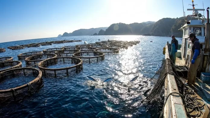 Tanques circulares de rede para criação de peixes no mar com pescadores em um barco ao lado durante o dia.