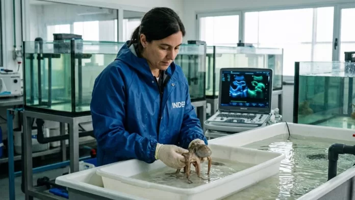 Pesquisadora do INIDEP realizando exame de ultrassom em um exemplar de polvo patagônico em uma bandeja com água.