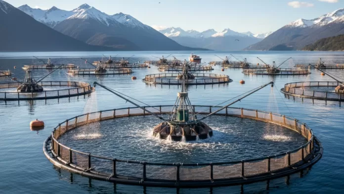 Instalações de aquicultura com tanques de rede circulares em águas abertas cercadas por montanhas nevadas.