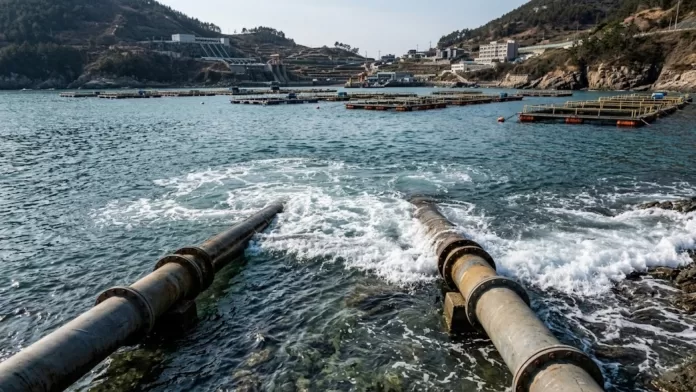Vista de uma fazenda de peixes terrestre na Coreia do Sul com tubulações de captação de água descarregando no mar próximo a tanques rede.