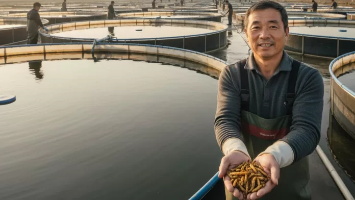 Produtor de peixes sorridente segurando punhado de larvas secas de Tenebrio molitor em frente a tanques circulares de criação de tilápia.