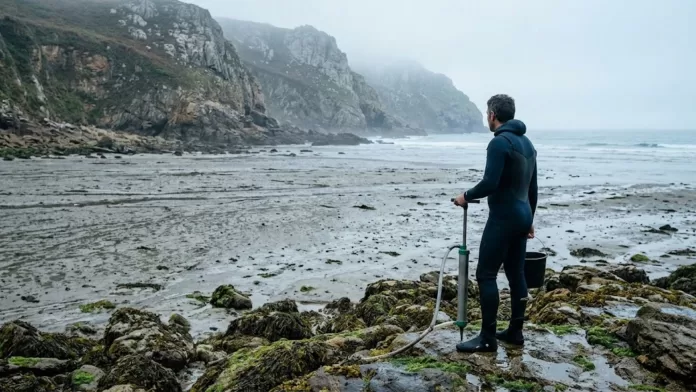 Homem com roupa de neoprene em pé sobre rochas costeiras segurando uma bomba de sucção manual para coleta de poliquetas em uma praia nublada.